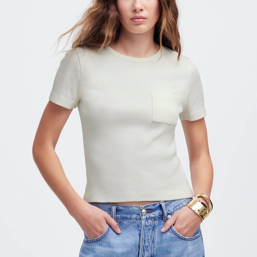 Madewell Garment Dyed Ribbed Crewneck Pocket Short Sleeve Tee Cream Size XL NWT